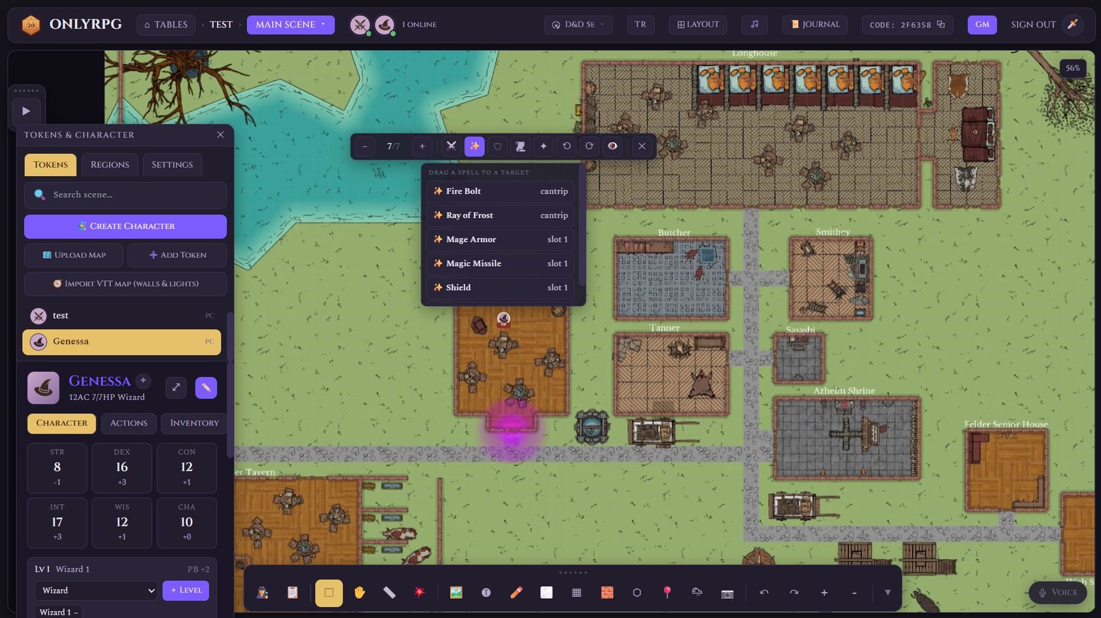 Character sheet with ability scores and a drag-to-cast spell picker over the map